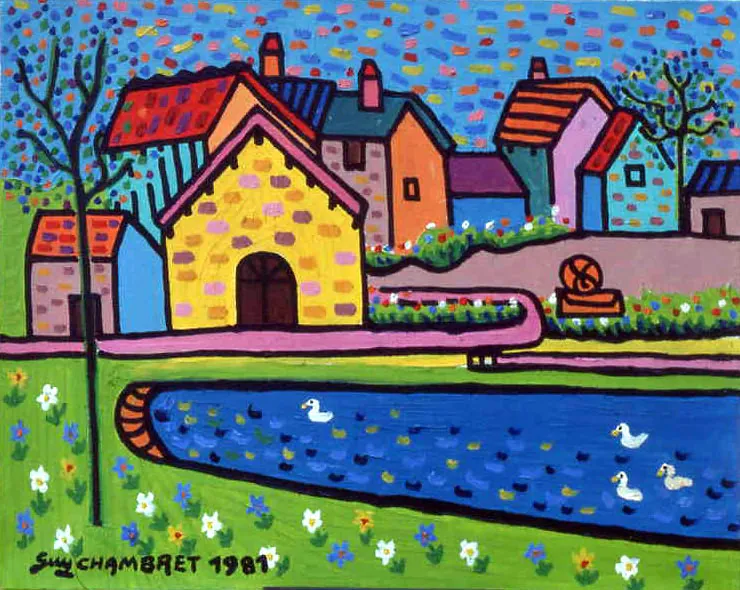 peinture d'un paysage de maisons et d'une étendue d'eau