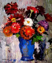 peinture : Zinnias au vase bleu