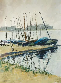 peinture : la presqu'île du lac Kir