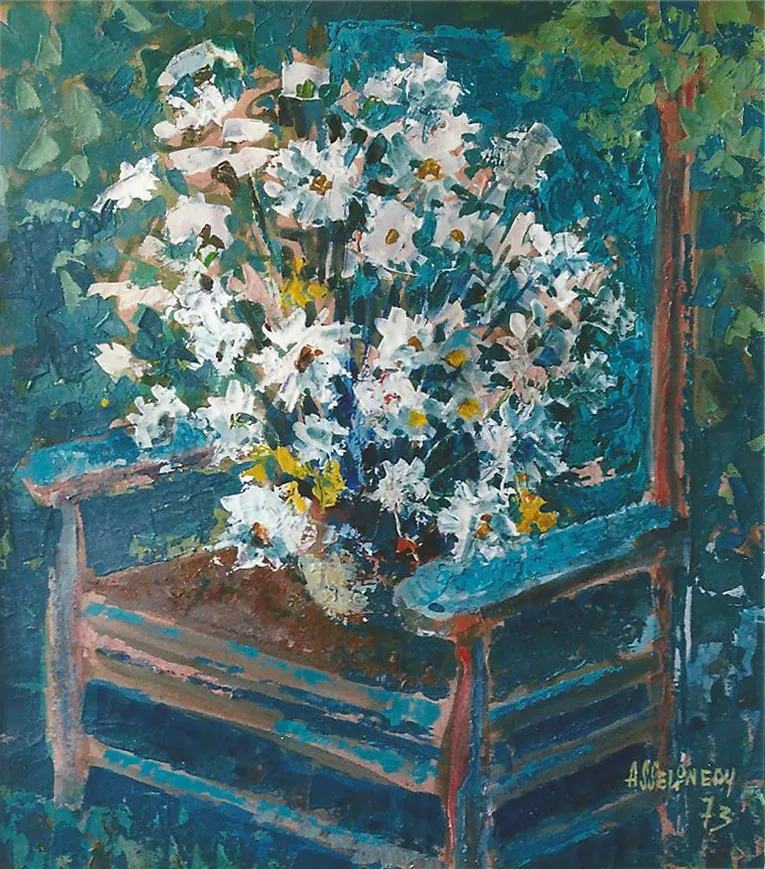 Peinture d'un bouquet sur un fauteuil