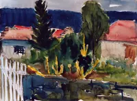 peinture : Maisons aux forsythias