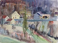 peinture : Village sous la pluie