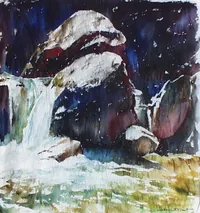 peinture : Cascade aux rochers violets