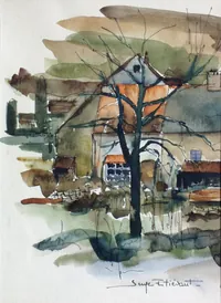 peinture : Maisons aux peupliers