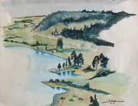 peinture : Vue plongeante sur le lac