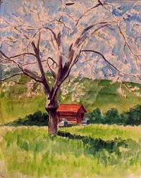 peinture : Pommier au rucher