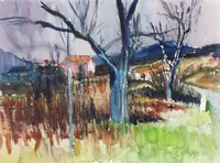 peinture : Maison aux arbres bleus