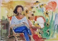peinture : Femme aux rudbeckias