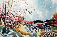 peinture : Cerisiers et village