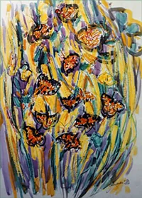 peinture : Fleurs jaunes aux papillons