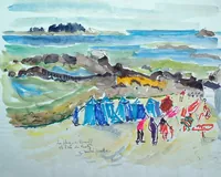 peinture : Plage à Roscoff et l'île de Batz