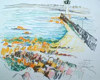 peinture : Roscoff. Les rochers, la jetée